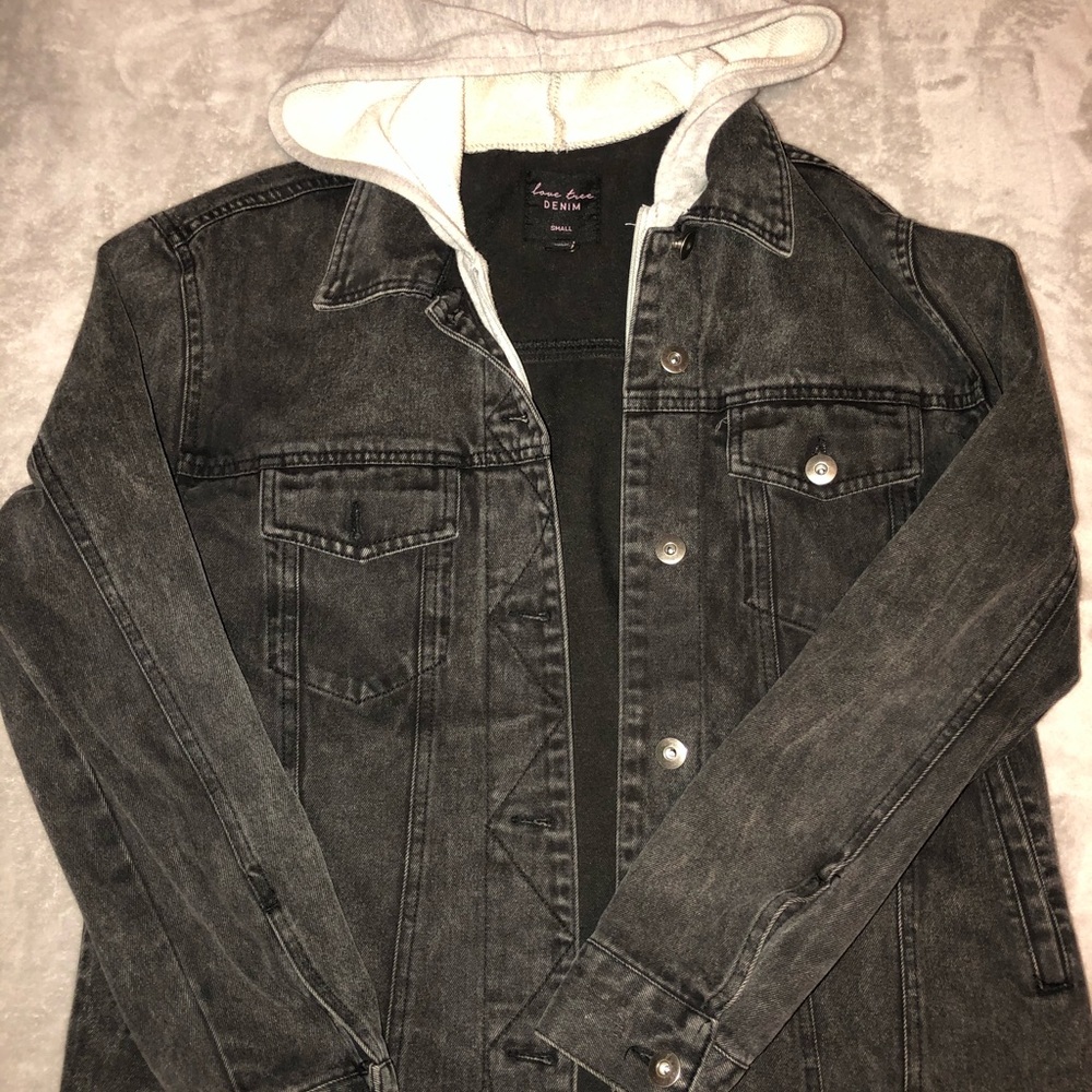 Black washed denim jacket with hood